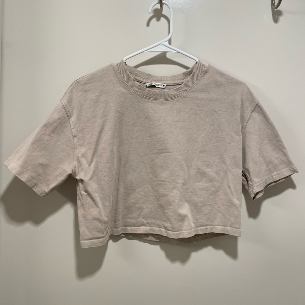 ZARA Brown / Beige Short Sleeve Boxy Crop Top